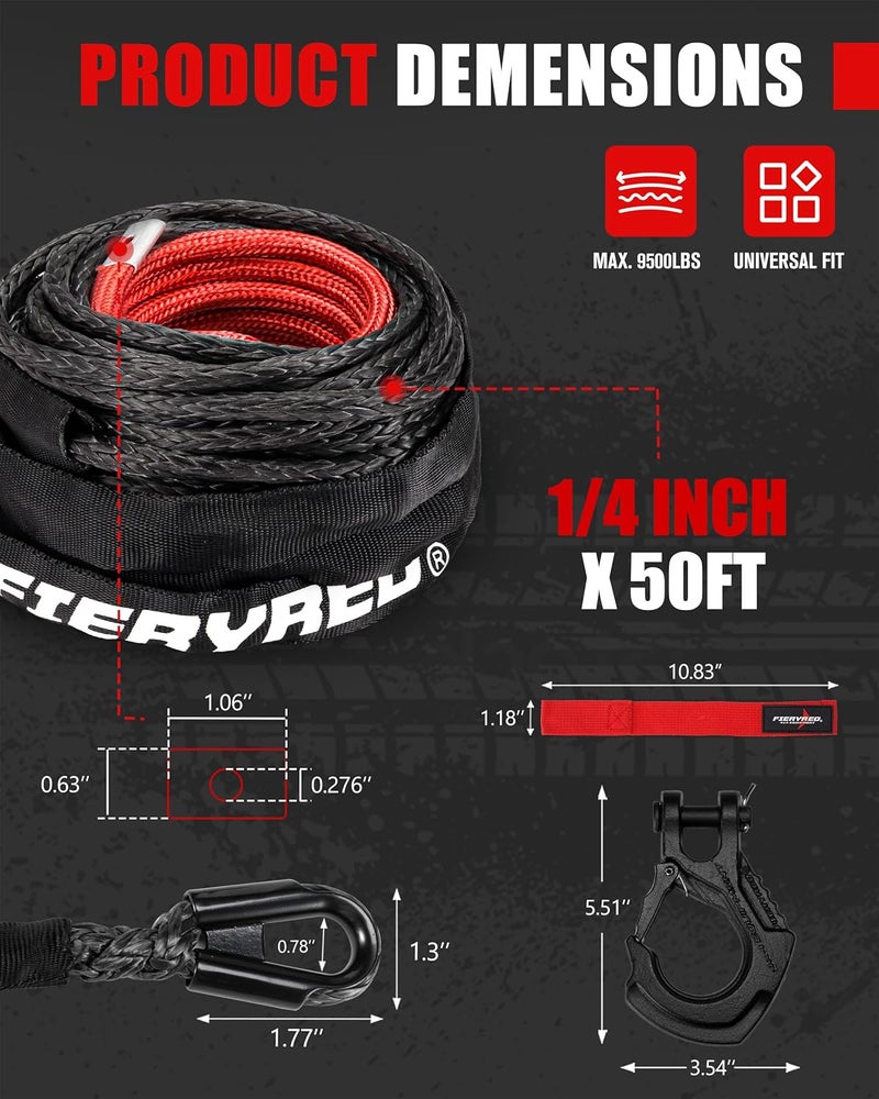 FIERYRED 1/4inch 50FT 9500LBS Synthetic Winch Rope Cable Kit with Forged Hook and Strap, Winch Line Replacement for 3500-6000LBS Winch Off-Road ATV UTV - Image 2